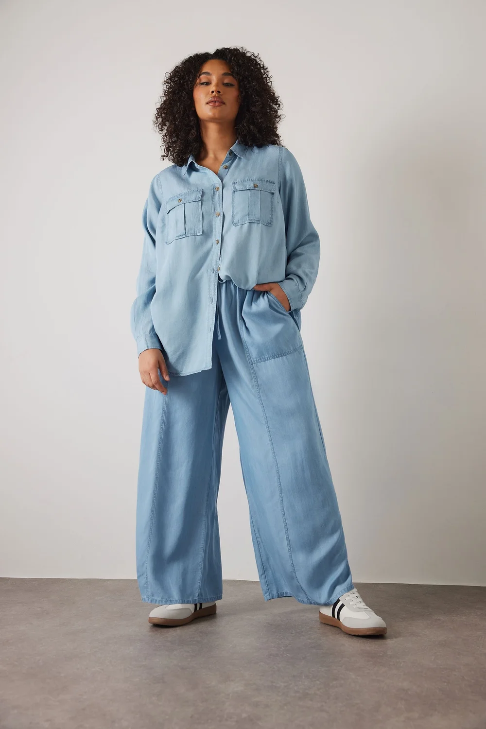 Evans Curve Light Blue Lyocell Wide Leg Trousers - 22-24 Image 1