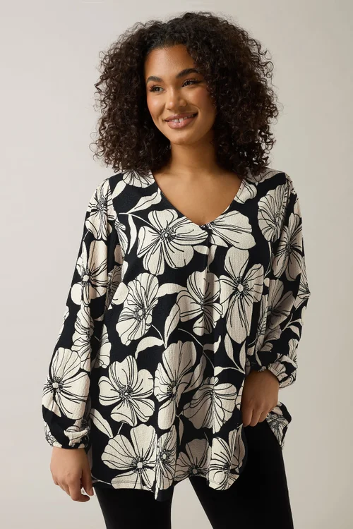 Evans Curve Black Contrast Floral Jersey Crepe Top - Size 30-32 Clothing Image 2