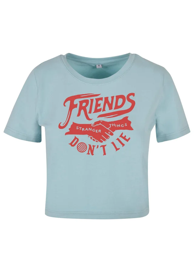 Spiral Galaxy Netflix Stranger Things Friends Don't Lie Baby Blue Graphic Cropped T-Shirt