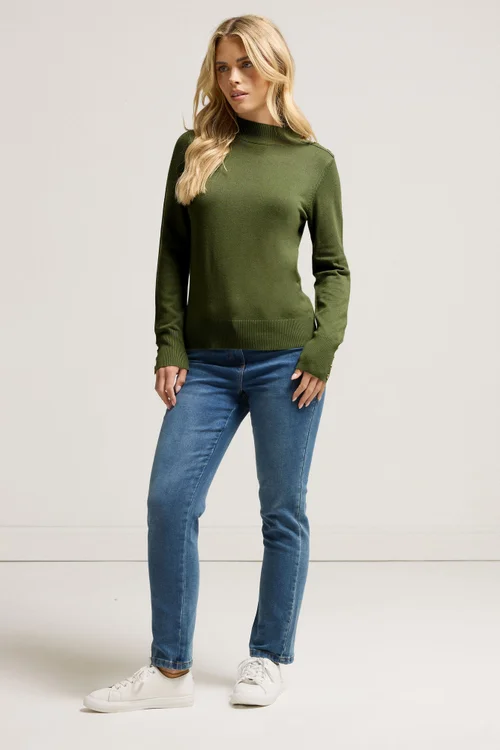 M&Co Petite Fern Green Button Detail Turtle Neck Jumper - Size 12-14 Image 3