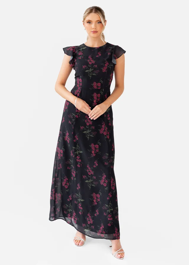 Anaya With Love Black Floral Flutter Sleeve Maxi Dress