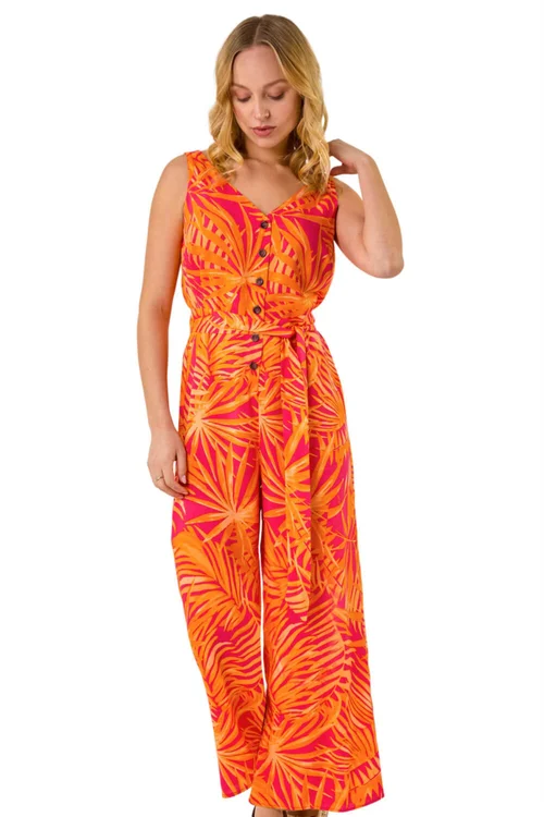 Dusk Orange Palm Print Belted Jumpsuit - Size 16 Clothing Image 1