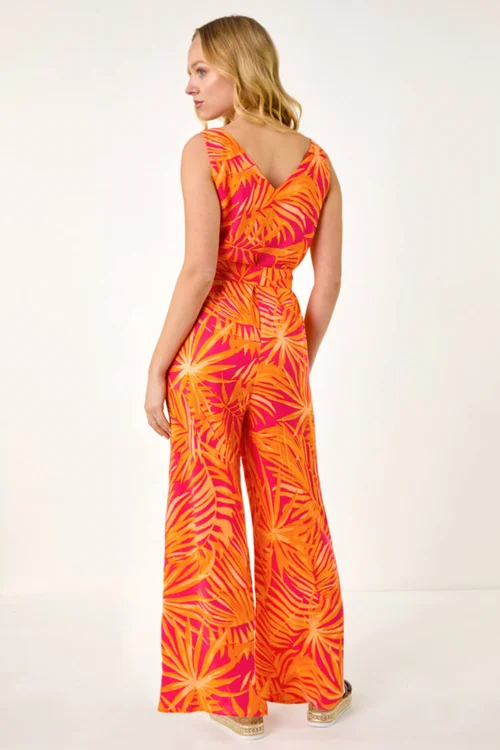 Dusk Orange Palm Print Belted Jumpsuit - Size 16 Clothing Image 4
