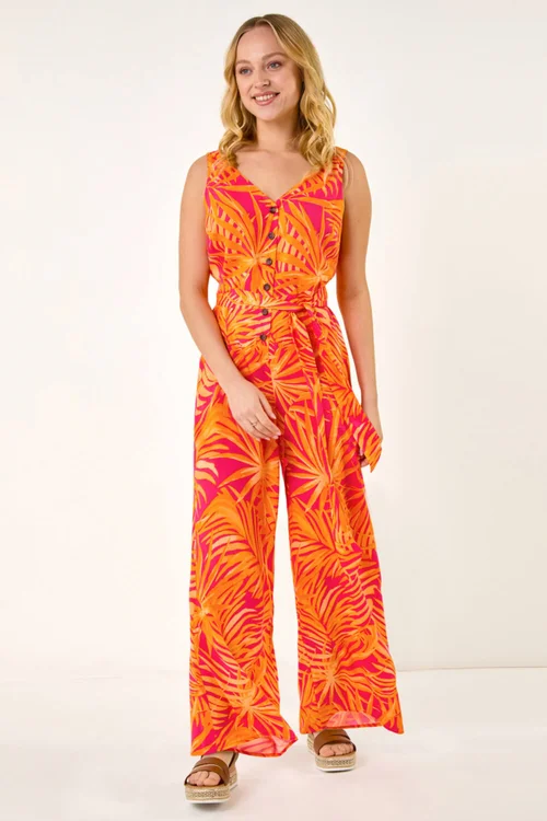 Dusk Orange Palm Print Belted Jumpsuit - Size 16 Clothing Image 3