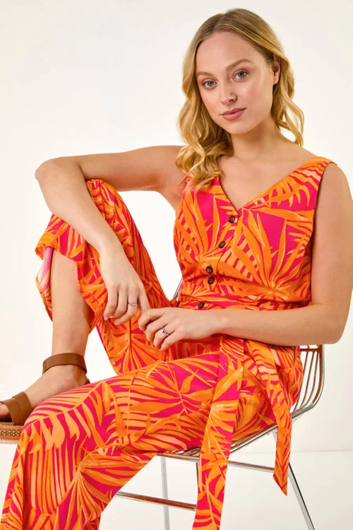 Dusk Orange Palm Print Belted Jumpsuit - Size 16 Clothing Image 2