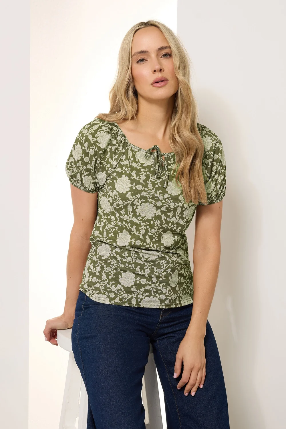 Long Tall Sally Sage Green Floral Tie Front Top - Size 8 Image 1