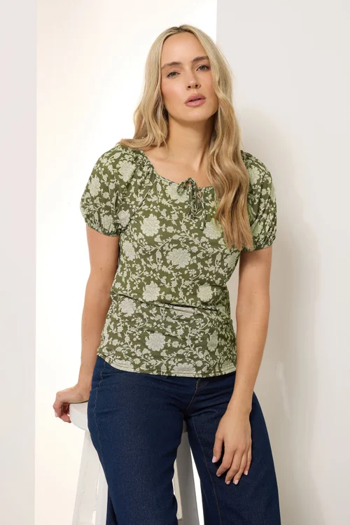 Long Tall Sally Sage Green Floral Tie Front Top - Size 8 Image 1