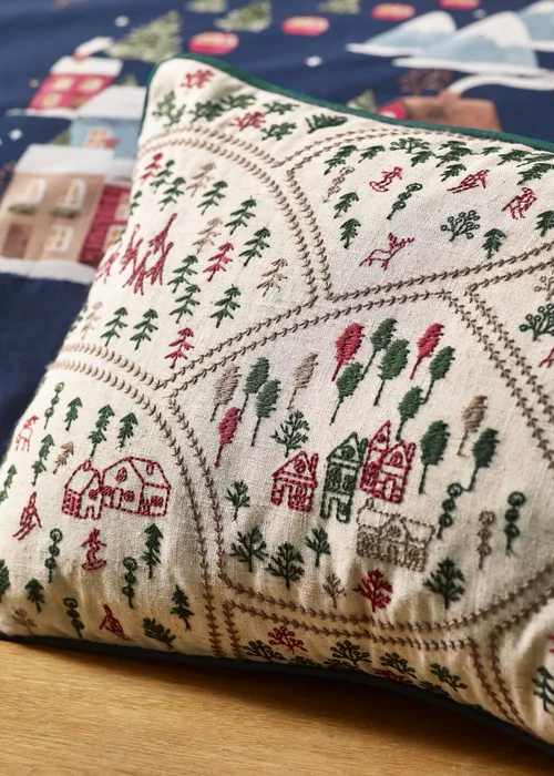 Catherine Lansfield Natural Christmas Ski Village Embroidered Cushion - 30 x 50cm Image 2