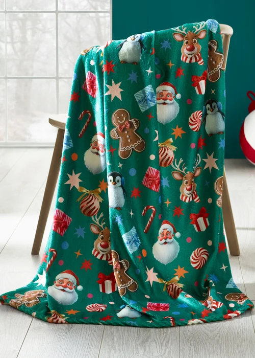 Catherine Lansfield Green Christmas Icons Cosy Fleece Blanket Throw - One Size Image 1