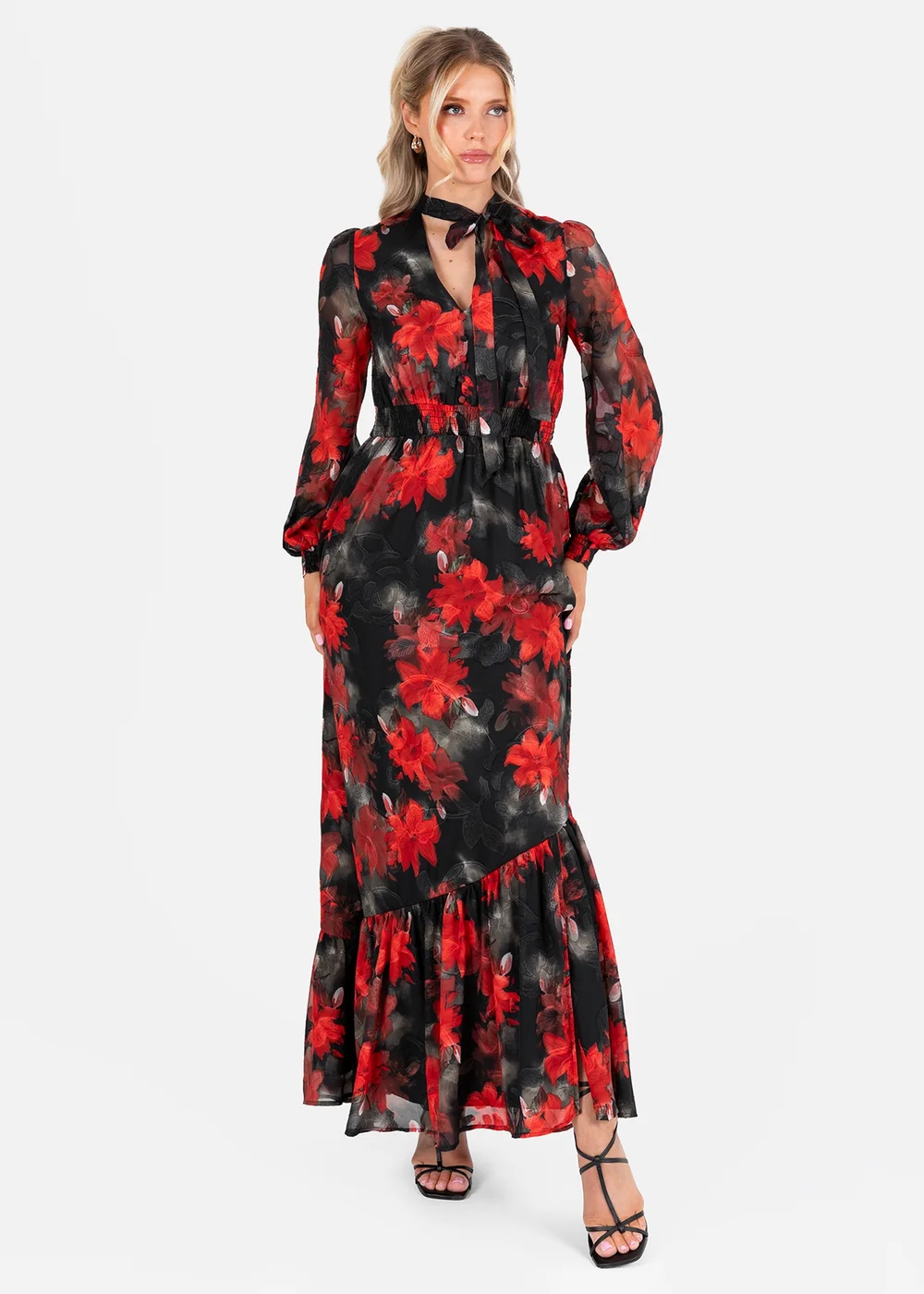 Lovedrobe Floral Tie Neck Long Sleeve & Shirred Waist Maxi Dress - 20 Image 1