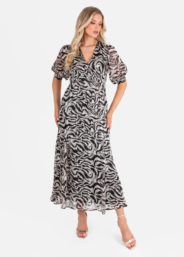 Lovedrobe Animal Print Faux Black/Off White Wrap Puff Sleeve Midaxi Dress