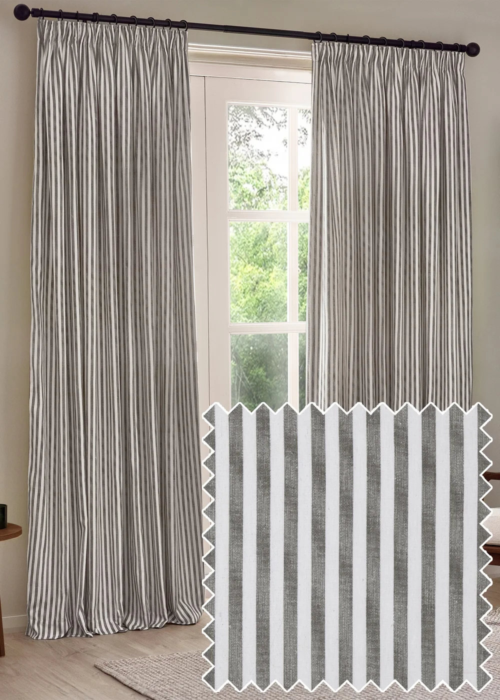 Yard Hebden Stripe Cotton Pencil Pleat Curtains Grey - 66W X 72D (168x183cm) Image 1