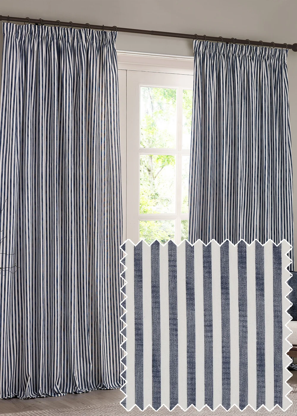 Yard Hebden Stripe Cotton Pencil Pleat Curtains Navy - 46W X 54D (117x137cm Image 1