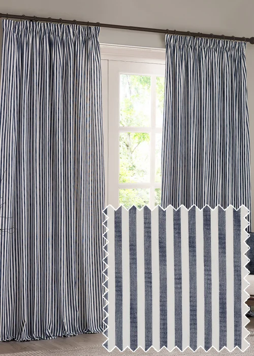 Yard Hebden Stripe Cotton Pencil Pleat Curtains Navy - 46W X 54D (117x137cm Image 1