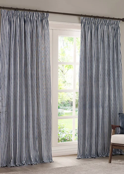 Yard Hebden Stripe Cotton Pencil Pleat Curtains Navy - 46W X 54D (117x137cm Image 2