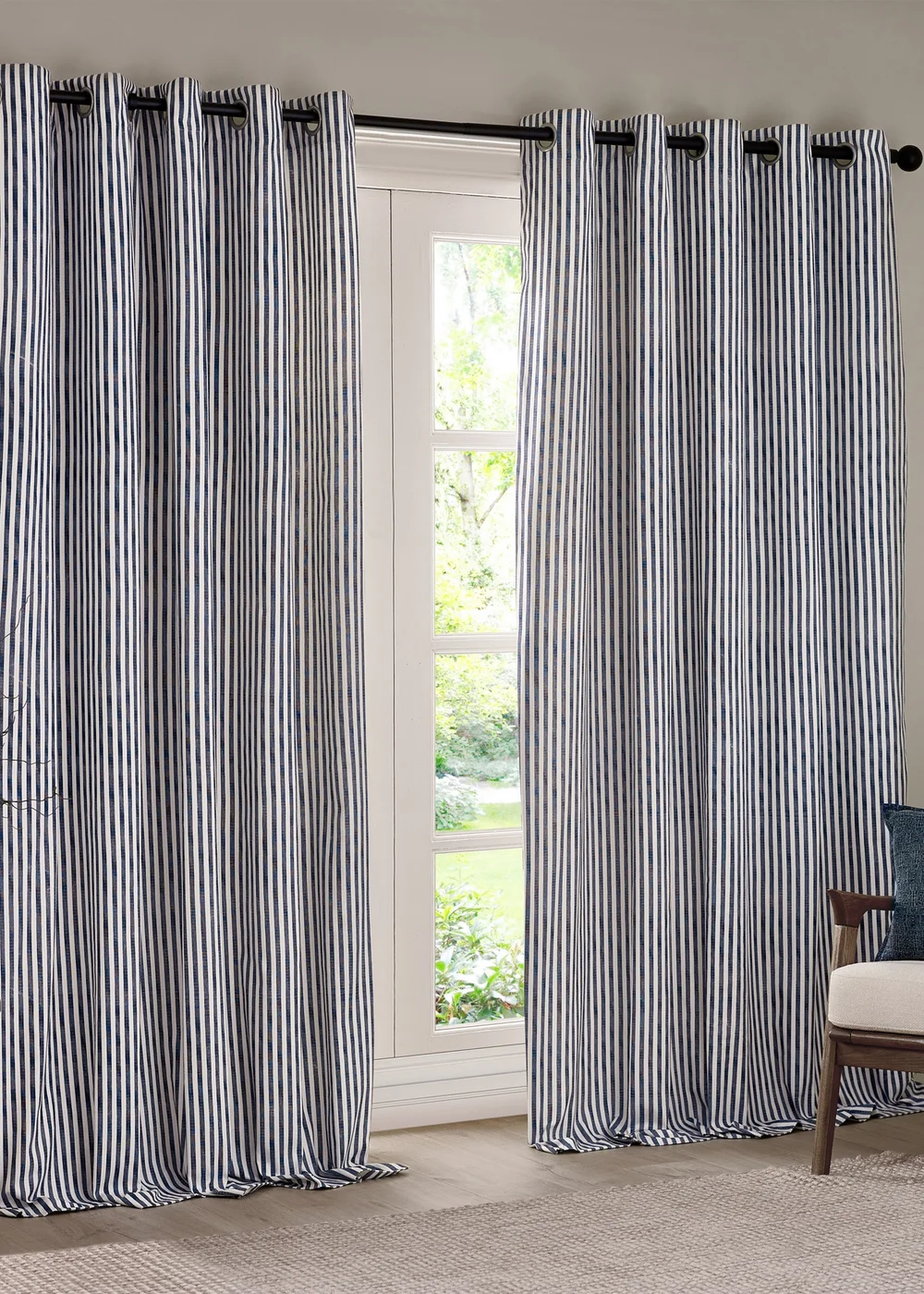 Yard Hebden Stripe Cotton Eylet Curtains Navy - 46W X 54D (117x137cm Image 2