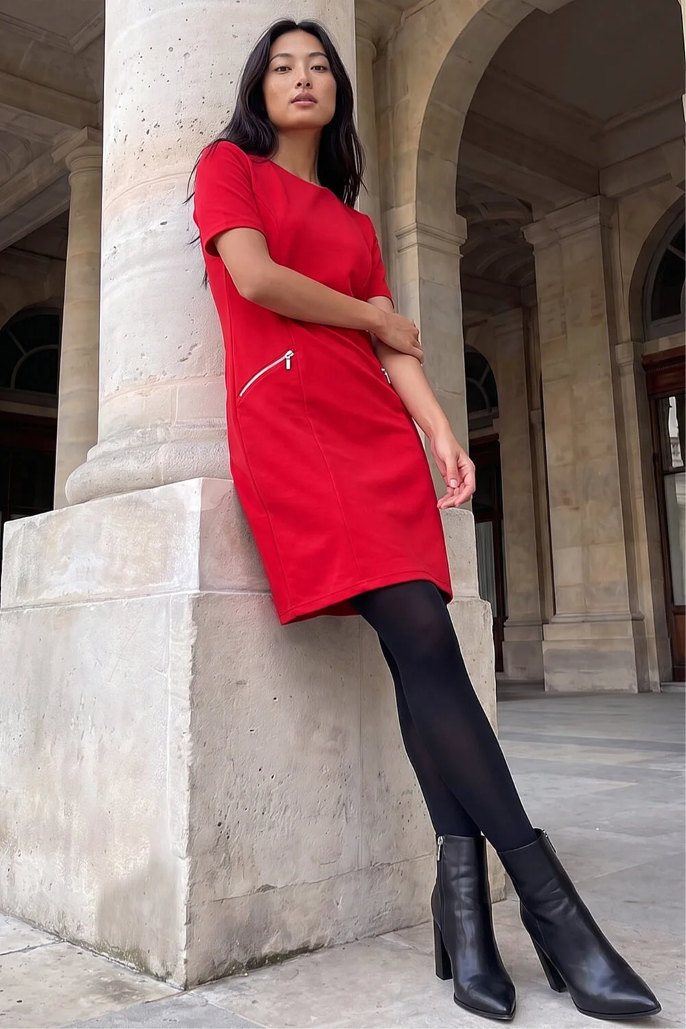 Roman Red Petite Zip Detail Pocket Shift Dress - 10 Image 3