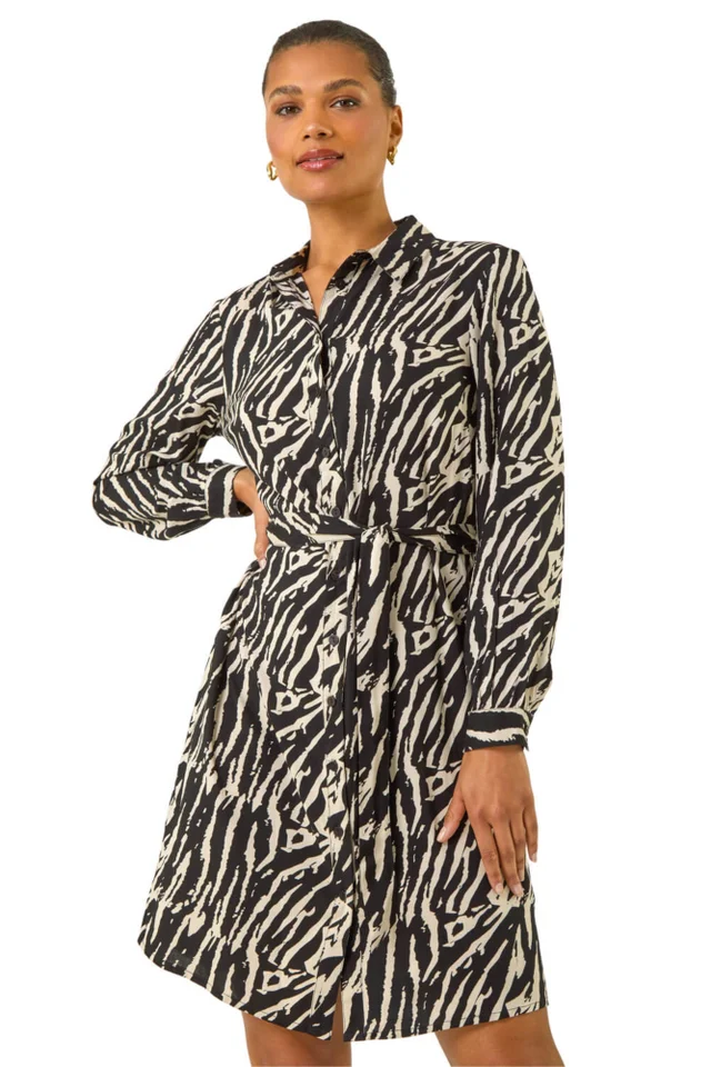 Roman Black Animal Print Tie Waist Dress