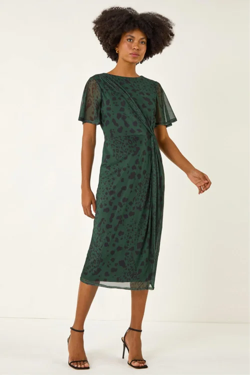 Roman Khaki Animal Print Twist Front Stretch Dress - Size 14 Clothing Image 2