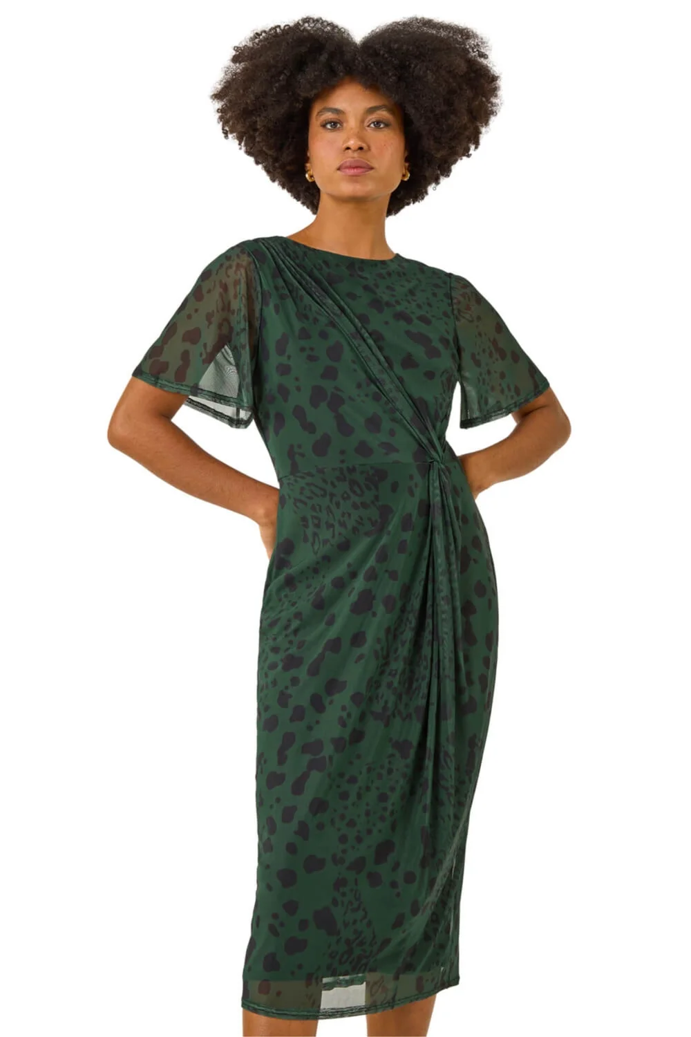 Roman Khaki Animal Print Twist Front Stretch Dress - Size 14 Clothing Image 1