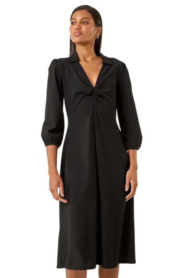 Roman Black Textured Collared Twist Front Dress