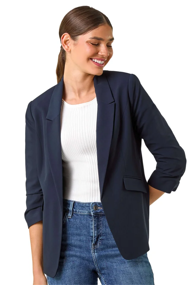 Roman Navy Ruched 3/4 Sleeve Blazer Jacket