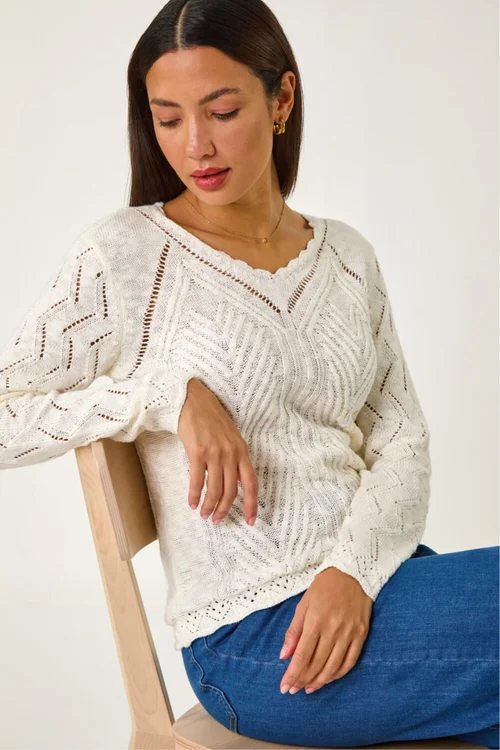 Roman Ivory Scallop V-Neck Knit Jumper - Size 12 Image 2