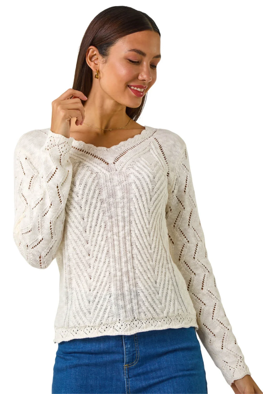 Roman Ivory Scallop V-Neck Knit Jumper - Size 12 Image 1