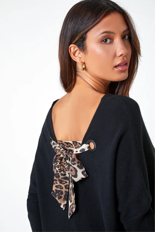 Roman Black One Size Animal Print Tie Back V-Neck Jumper - One Size Image 2