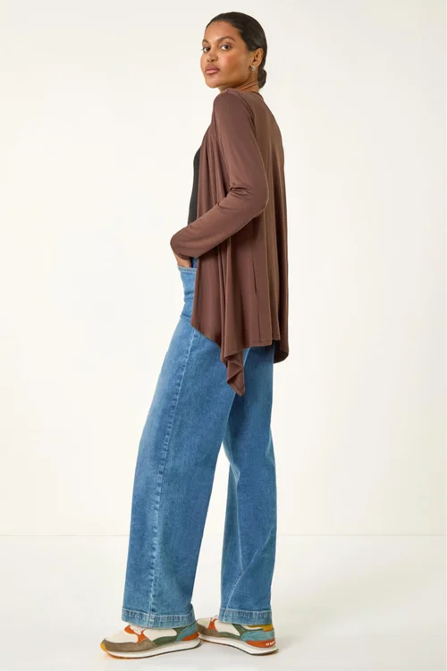 Roman Chocolate Waterfall Front Jersey Knit Cardigan - Size 18 Clothing Image 4