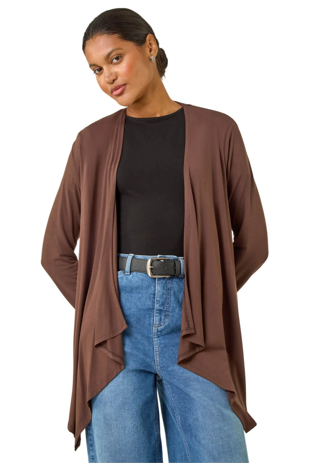 Roman Chocolate Waterfall Front Jersey Knit Cardigan - Size 18 Clothing Image 1