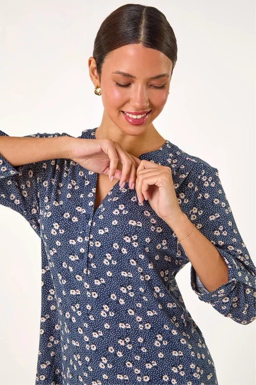 Roman Grey Stretch Ditsy Floral Buttoned Top - Size 18 Clothing Image 3