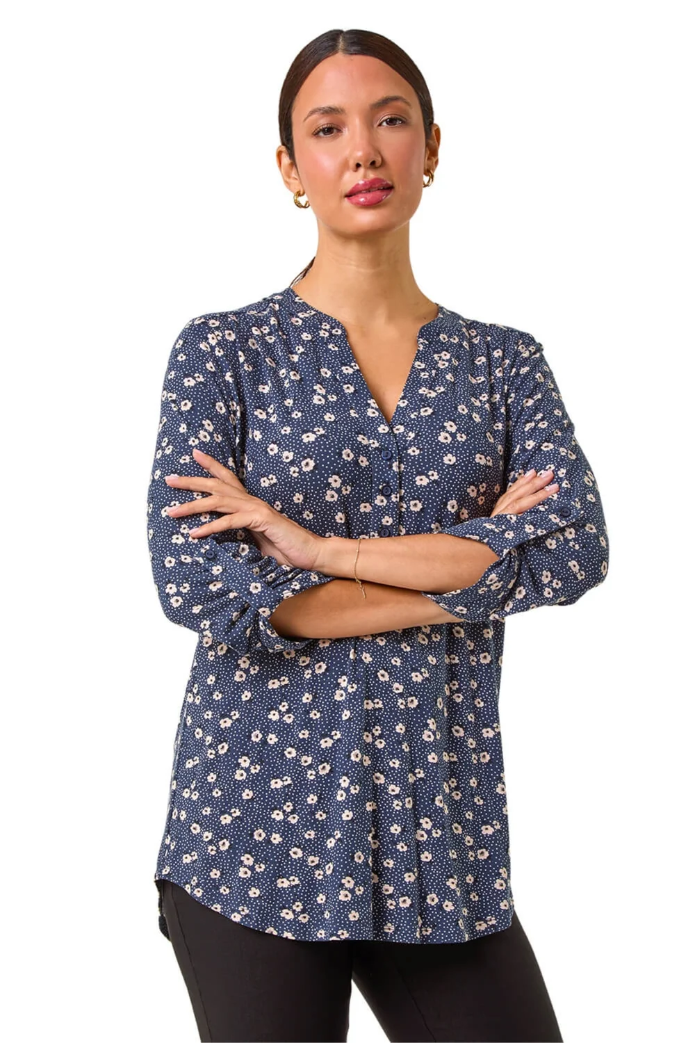 Roman Grey Stretch Ditsy Floral Buttoned Top - Size 18 Clothing Image 1