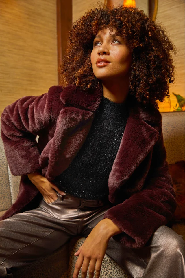 Roman Bordeaux Faux Fur Longline Coat