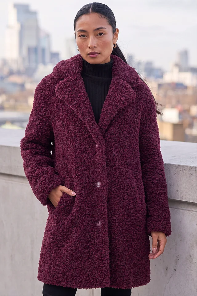 Roman Wine Petite Teddy Longline Coat
