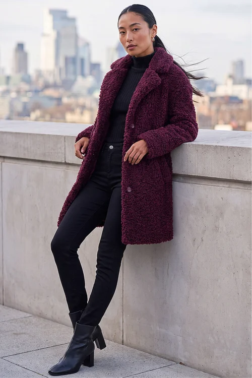 Roman Wine Petite Teddy Longline Coat - 18 Image 3