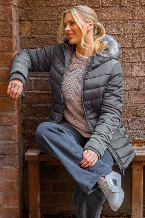 Roman Charcoal Faux Fur Hooded Quilt Coat - 12 Image 1