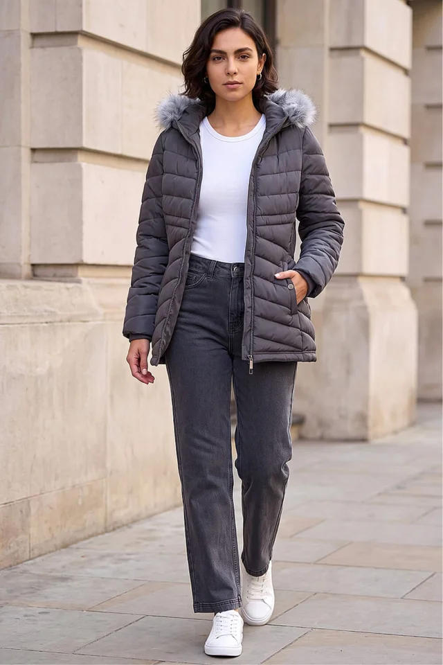 Roman Charcoal Faux Fur Hooded Quilt Coat