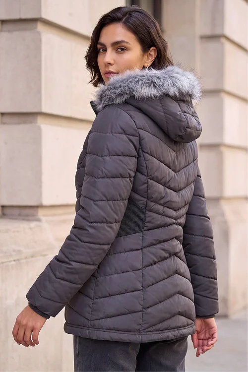 Roman Charcoal Faux Fur Hooded Quilt Coat - 14 Image 3