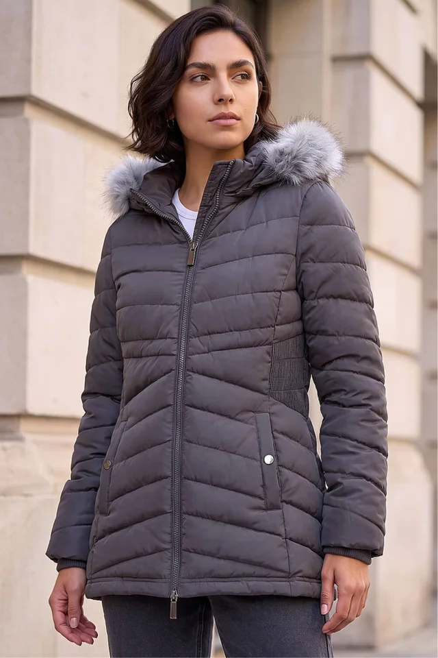 Roman Charcoal Faux Fur Hooded Quilt Coat