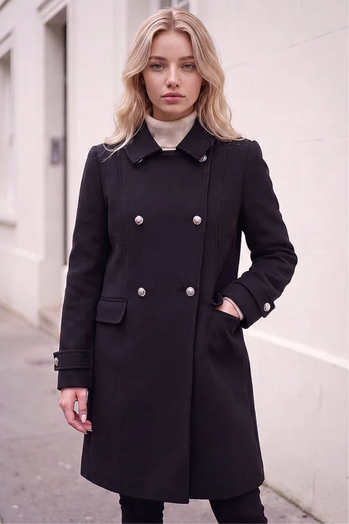 Roman Black Petite Double Breasted Military Coat - 10 Image 2