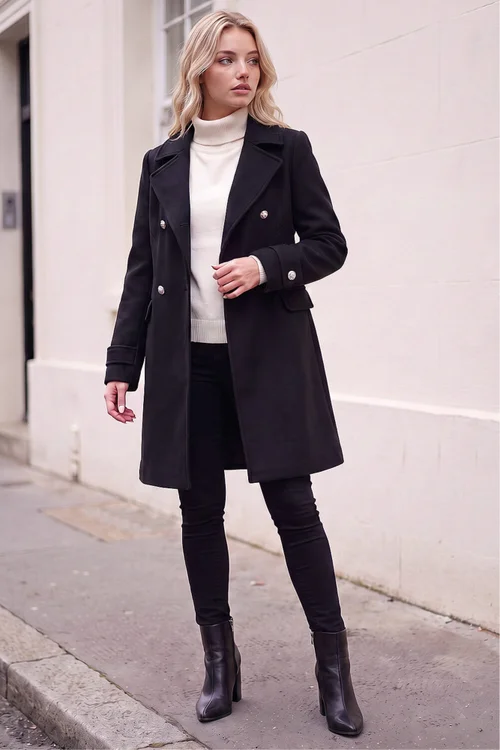 Roman Black Petite Double Breasted Military Coat - 10 Image 1