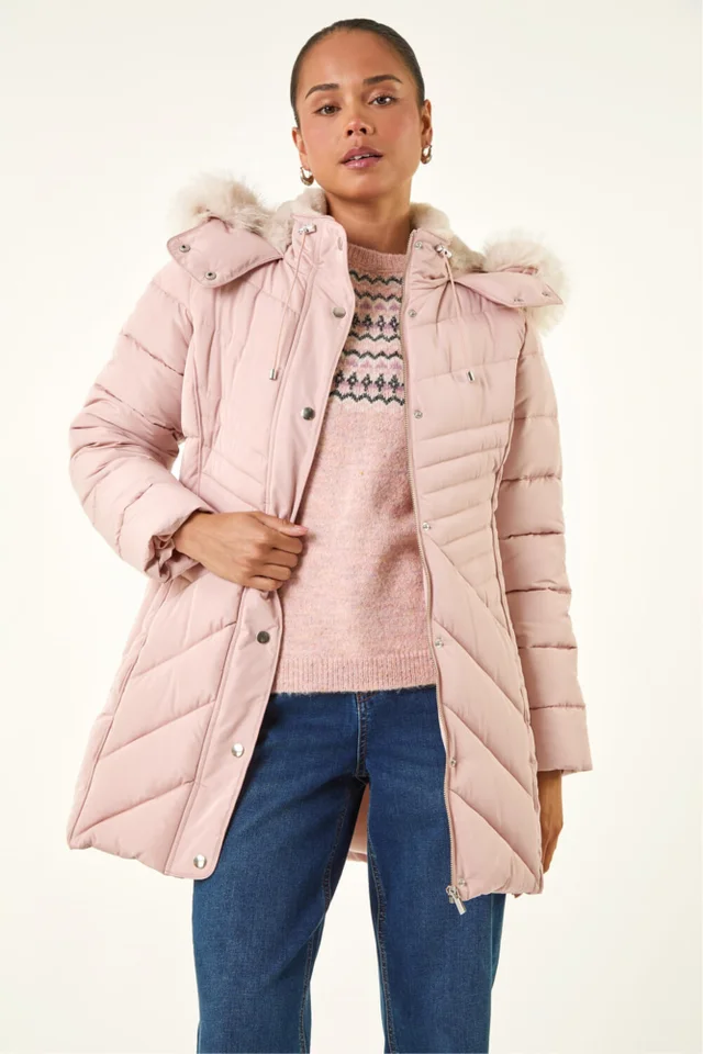 Roman Light Pink Petite Hooded Longline Quilted Coat
