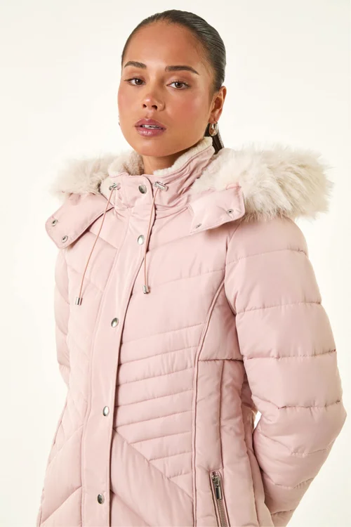 Roman Light Pink Petite Hooded Longline Quilted Coat - 12 Image 2