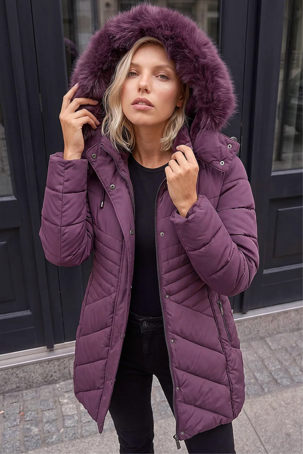 Roman Plum Petite Hooded Longline Quilted Coat - 10 Image 2