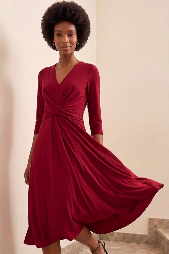 Roman Wine Stretch Crossover Midi Dress