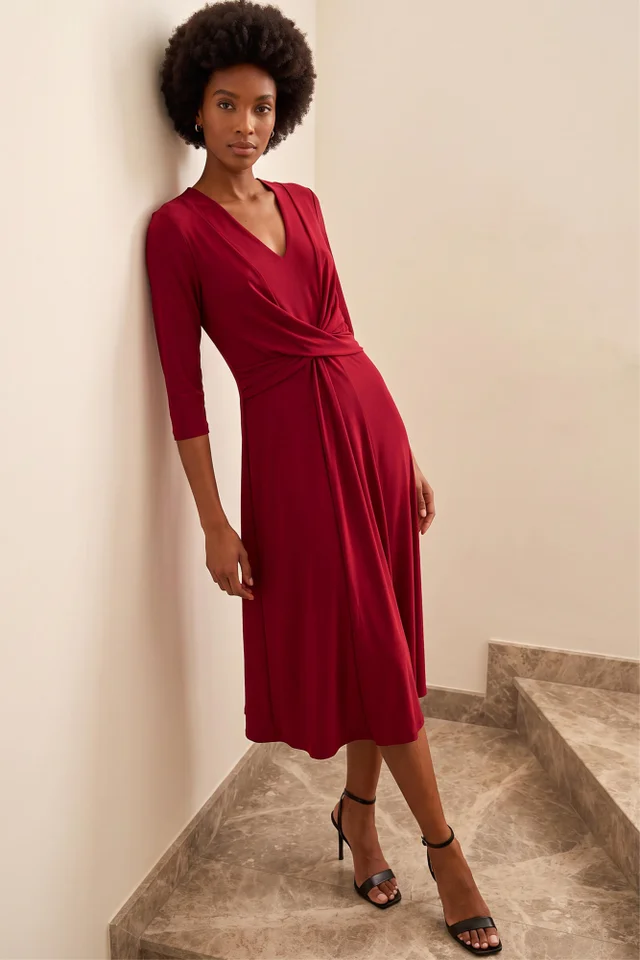 Roman Wine Stretch Crossover Midi Dress