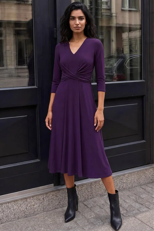 Roman Purple Stretch Crossover Midi Dress - 16 Image 2