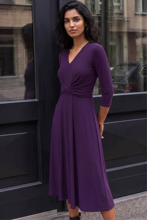 Roman Purple Stretch Crossover Midi Dress - 16 Image 1