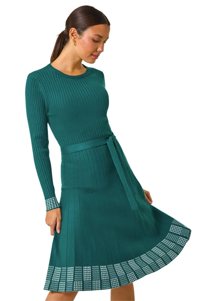 Roman Teal Ribbed Stretch Knit Border Print Dress